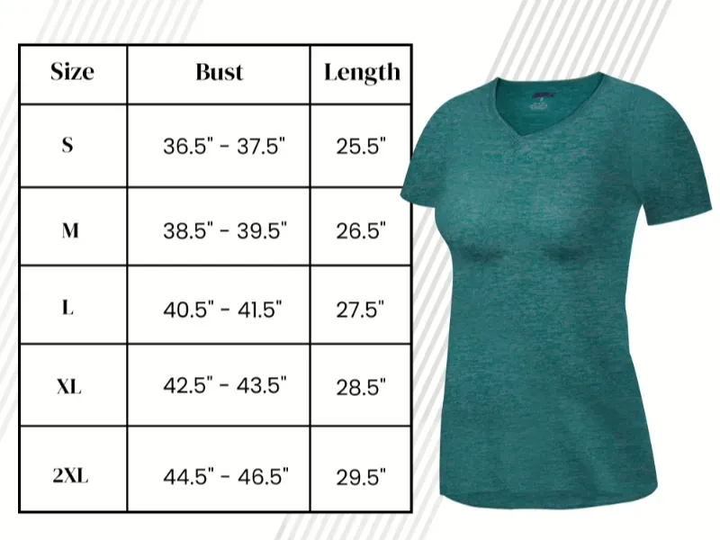 Women's custom apparel size chart with detailed measurement points for production
