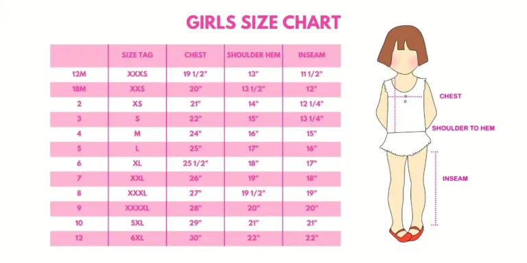 Kids apparel custom size chart showing age-based measurement grading