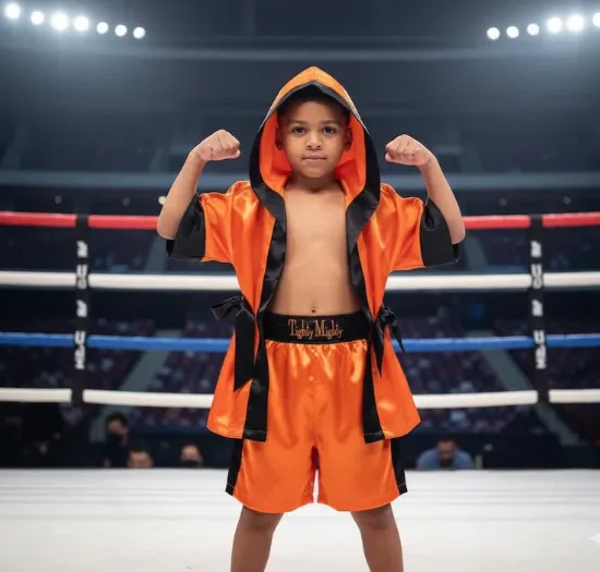 Custom boxing robes with satin finish and embroidered fighter name