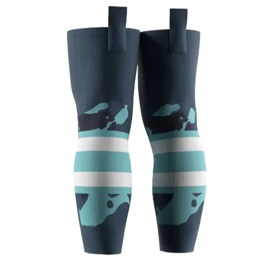Custom ice hockey socks with sublimated team colors and knit construction