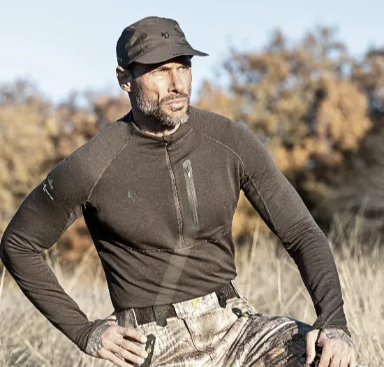 Custom hunting base layer with moisture-wicking merino-blend fabric and thermal grid fleece — next-to-skin layering for late-season hunts