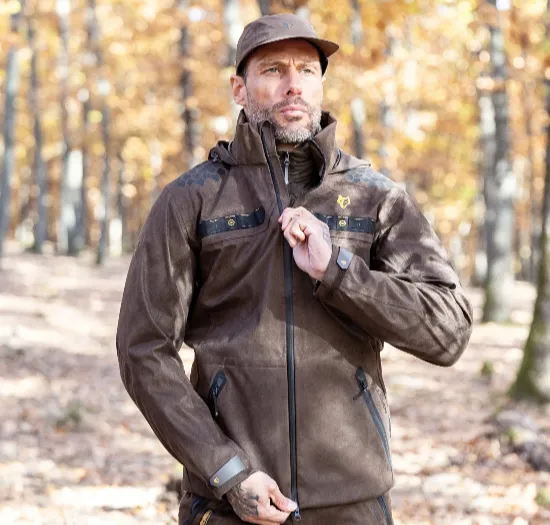 Custom hunting rain jacket and pants with waterproof-breathable sealed seams — packable storm shell for waterfowl and backcountry hunts