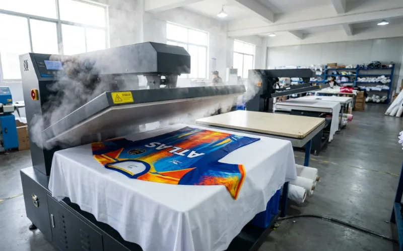 Industrial dye sublimation printing process for sports jerseys.