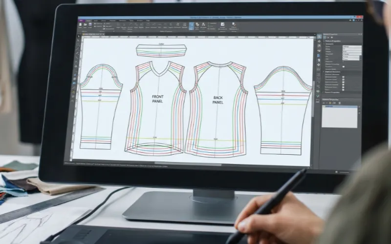 Professional CAD software interface showing sportswear pattern grading for Western athletic fits.
