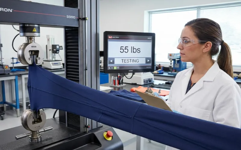 Quality control technician performing seam strength test on sportswear.